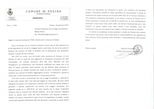 posina - lettera a renzi 20 gen 2016